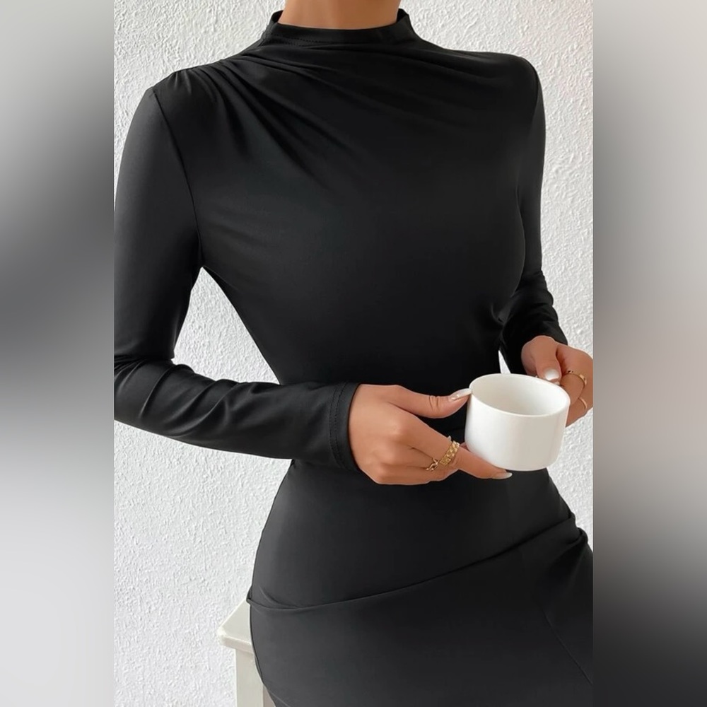 Mock Neck Ruched Split Thigh Dress Black XL/12 - Picture 5 of 5